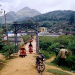 girls crossing bridge, Sapa, Vietnam